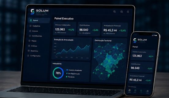 Painéis da plataforma Solum Conecta em notebook e celular.